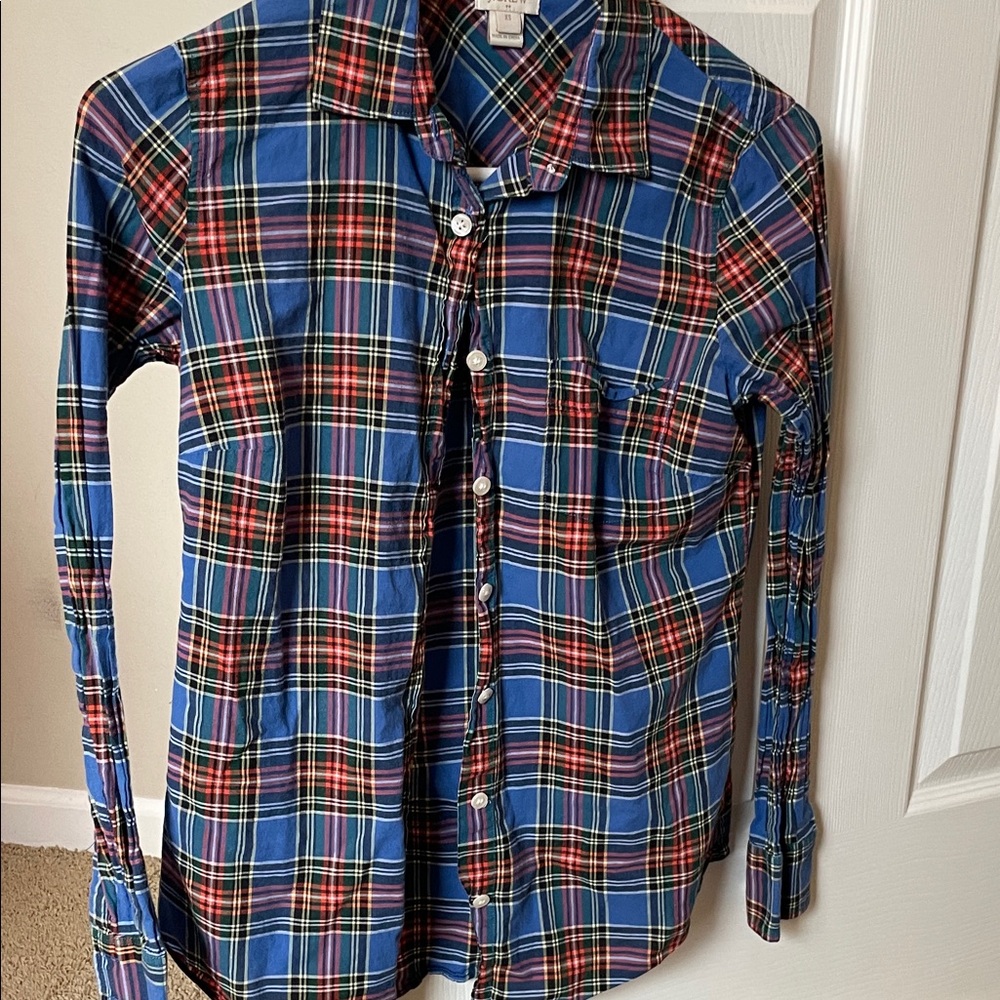 J. Crew Blue Plaid Button-Up Shirt with Red and Green Accents